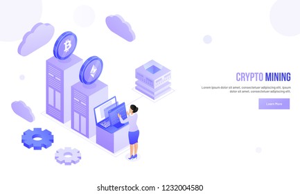 Lady programmer or user working on laptop, big crypto servers connected with crypto mining servers on abstract background.