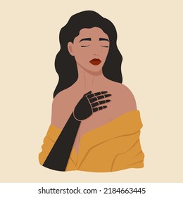 Lady with prosthetic hand square composition.