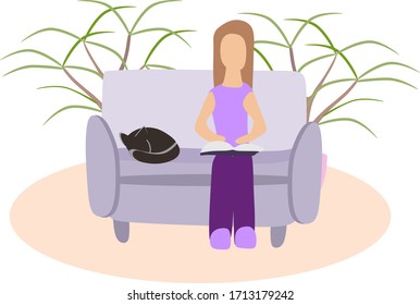 The lady in purple clothes sits on the sofa and reads the book. Next to her lies a cat, and in the background you can see plants. Vector graphics.
