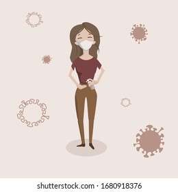 Lady in purple shirt wearing medical mask with sanitizer in hands surrounded with viruses. Flat design girl with a mask on face disinfecting hands with a bottle of disinfectant.