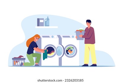 Lady putting clothes in washing machine, doing laundry. Concept of home appliances and housekeeping. Process of loading washing machine. Vector flat illustration in blue colors