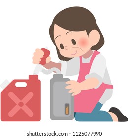 Lady putting oil.