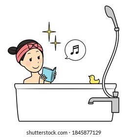 a lady reading a book in the bathroom