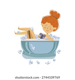 Lady Reading Book in Bubble Bath Self Care Wellness Cartoon Vector Illustration