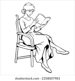 A lady reading book on chair, line art illustration