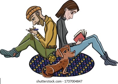 Lady reading and gentleman knitting on the carpet with a dog.