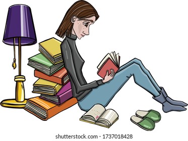 Lady reading with lamp and books 03