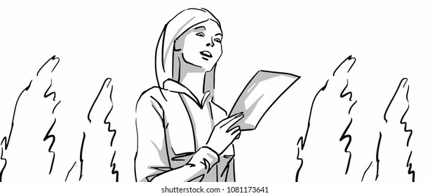A lady reading a letter or a document in her hand walking in a park with trees. Cartoon vector sketch. Simple drawing.