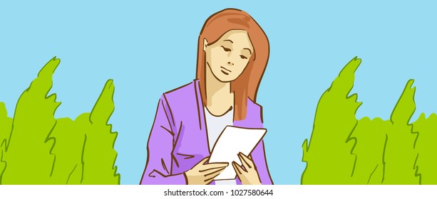 A Lady Reading A Letter In Her Hands Walking In A Park. Cartoon Vector Sketch In Pastel Colors.