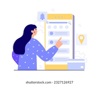 Señora leyendo mensajes en el teléfono móvil, comprando. Clientes comprando bienes a través de Internet. Hacer compras, elegir bienes en línea. Ilustración vectorial plana en colores azules