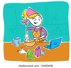 lady reading recipe from laptop