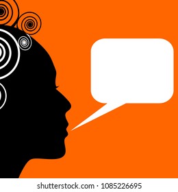 Lady with rectangle callout box, profile silhouette with curly haircut on orange background. Blank white speech bubble
