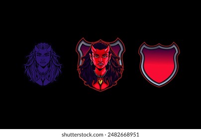 Lady Red Diablo emblem mascot badge logo design, vector illustration