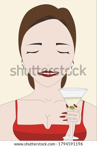 Lady in a red dress drinking martini, alchol illustration, pretty woman, martini in a goblet, brunette in a red dress.