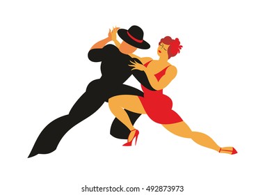 lady in a red dress and the gentleman in a hat dance the Argentina tango