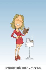 Lady in red dress reading a book and smoking