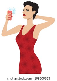 A lady in a red dress taking a selfie.