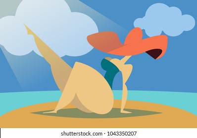 lady in red hat sunbathing on a  beach. Flat vector illustration in cartoon style.
