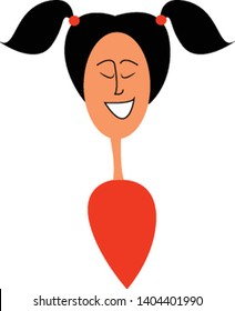 A Lady In Red Outfit With A Happy Smile, Black Hair In Pony Tail, Big Smile, Vector, Color Drawing Or Illustration. 