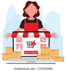   A lady in red sell product online showing her online store in computer which feature a shopping cart