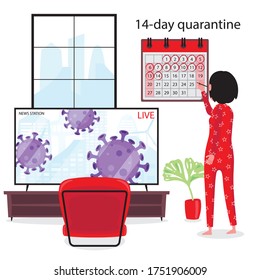 A lady in red is staying home under 14 days quarantine and she is counting and mark on the calendar while listening corona virus news on television