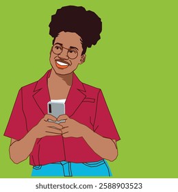 lady in red suit smiling holding a cell phone 