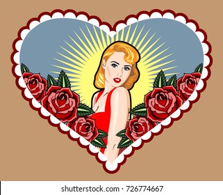 Lady in red, surrounded by scarlet roses and a frame in the shape of a heart