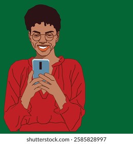 Lady in a red top smiling while reading her messages