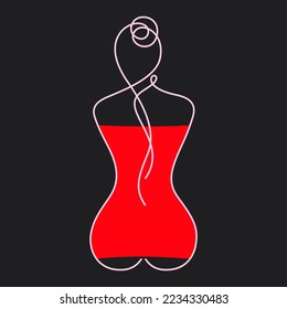 Lady in Red. Woman Body Art. Black background. Trendy Art Line. Modern Scandinavian Design. Female Figure Continuous One Line Abstract Drawing. Vector Illustration