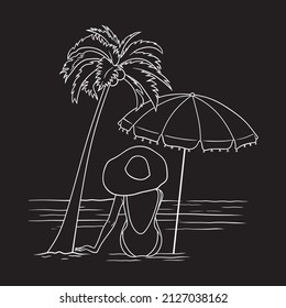 Lady relaxing on the beach with umbrella and coconut tree black and white vector illustration on black background 