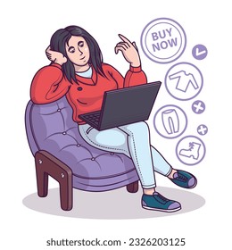 Lady resting on couch and selecting clothes in store via laptop. Online shoppers ordering goods. Concept of products purchase via mobile apps. Modern technology and lifestyle. Vector