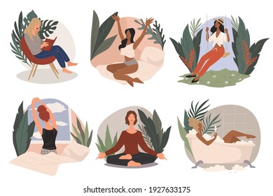 Lady resting in spa or resort. Female character waking up late, swinging surrounded by tropical flowers and leaves. Meditating girl, taking bubble bath and drinking champagne. Vector in flat style