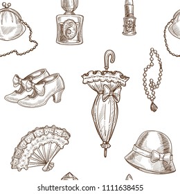 Fondo de patrón de esquema vectorial de ropa Lady retro