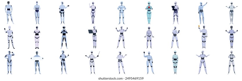 Conjunto de iconos de robot de señora. Diversa colección de robots que asumen diversas poses y participan en diferentes actividades, mostrando su versatilidad y capacidades