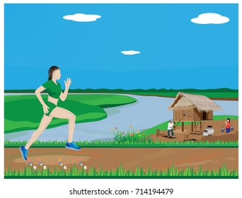 the lady run exercise at countryside vector design