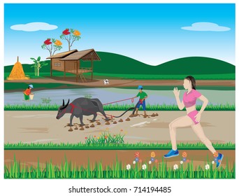 the lady run exercise at countryside vector design