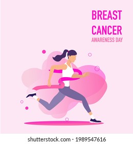 A lady running with good health, breast cancer awareness concept, pink background, exercise