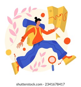 Lady running with map, searching for right way. Finding route while traveling. Concept of tourism. Flat vector illustration in cartoon style in blue and yellow colors
