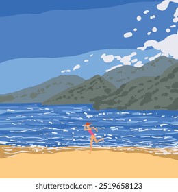 Eine Dame rennt auf einer windigen Strandszene, Vektorkunst