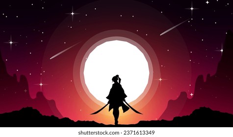 lady samurai background. Japanese samurai wallpaper. landscape fantasy wallpaper. urban samurai girl illustration.