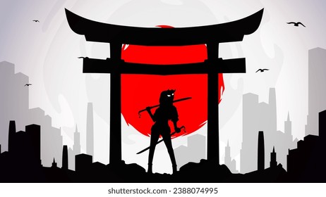 lady samurai background. Japanese samurai warrior with a sword. urban Samurai with torii gate. japanese theme wallpaper. 