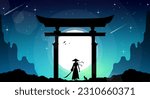 lady Samurai Background. samurai with torii gate wallpaper. japan theme background. landscape blue sky fantasy wallpaper. japanese samurai background. japanese torii gate wallpaper.