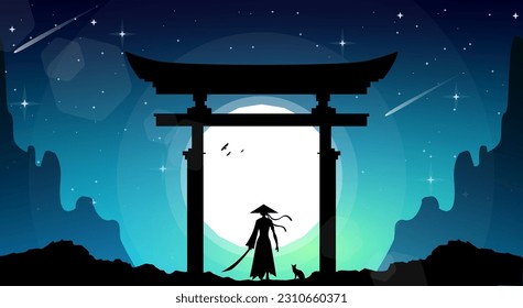 lady Samurai Background. samurai with torii gate wallpaper. japan theme background. landscape blue sky fantasy wallpaper. japanese samurai background. japanese torii gate wallpaper.