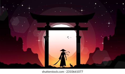 lady Samurai Background. samurai with torii gate wallpaper. japan theme background. landscape fantasy wallpaper. japanese samurai background. japanese torii gate wallpaper.