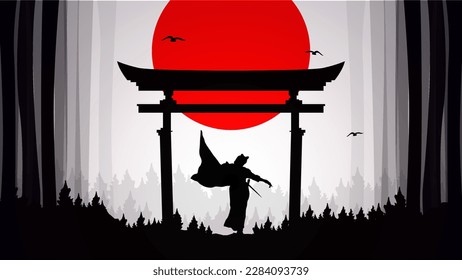 lady Samurai with red moon wallpaper. samurai with mask wallpaper. japanese samurai background. japan theme background.