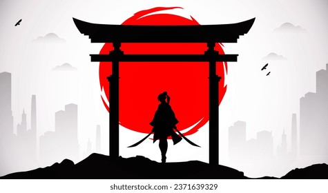 lady Samurai with red moon wallpaper. urban samurai wallpaper. japanese samurai background.  japan theme background.