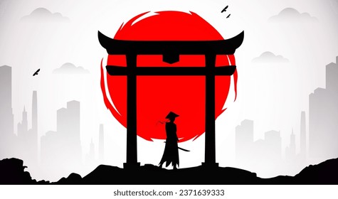 lady Samurai with red moon wallpaper. urban samurai wallpaper. japanese samurai background.  japan theme background.