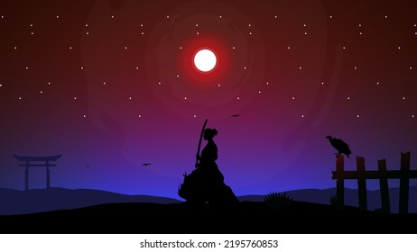 lady samurai. silhouette of a samurai in the night background. woman silhouette. Japanese samurai warrior with a sword. Samurai walpaper. japan theme background.