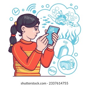 Lady searching for diving supplies on mobile. Buyer ordering goods via smartphone. Advantageous shopping day concept. Flat vector illustration in blue colors in cartoon style