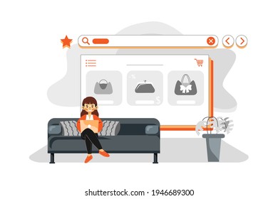 Lady seating on the couch and ordering ladies purse from online. Online Shopping Vector Illustration concept. Flat illustration isolated on white background.